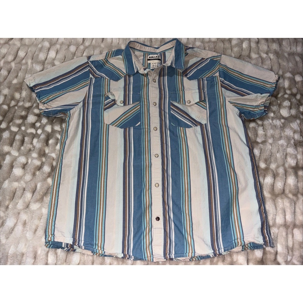Ariat Hilton Retro Pearl Snap SS Shirt Mens XL Off White Striped Western